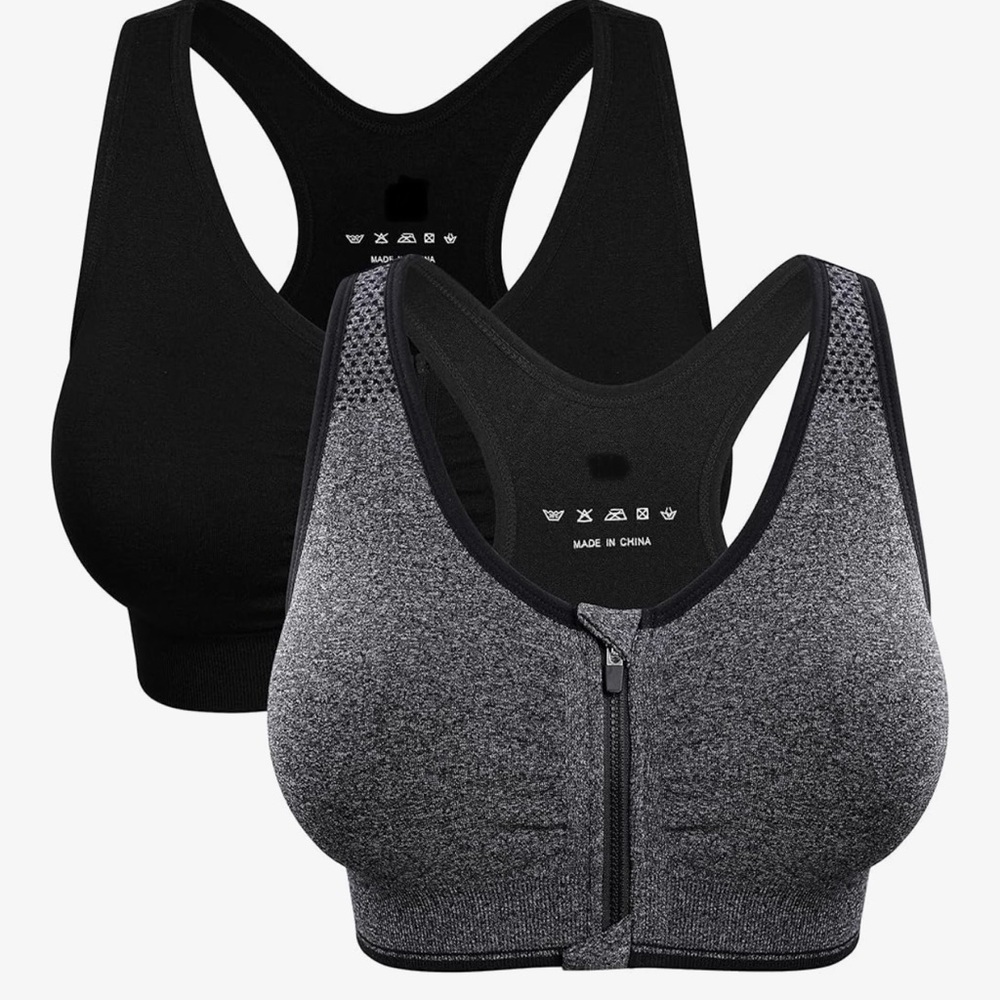 Sports Bra (2) BLK & Grey. Wireless Front Zip. NWT. Unworn. Sz L